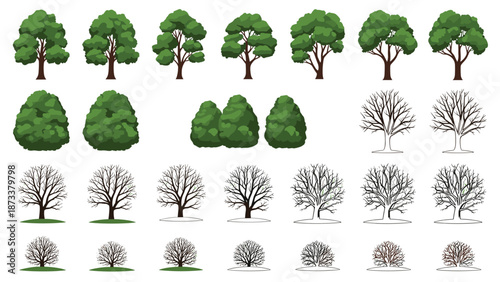 Extensive set of tree illustrations showing various green leafy species and bare winter silhouettes for seasonal landscape design projects.