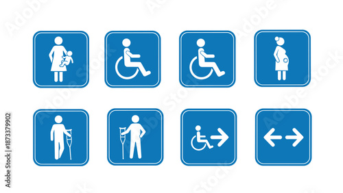 Collection of blue accessibility signs including symbols for pregnancy disability and priority seating in public.
