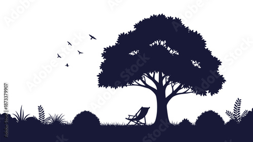 Peaceful landscape silhouette of a large shade tree with a deck chair underneath in a garden with flying birds.
