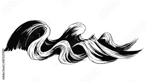 Dramatic black and white illustration of curling ocean waves in an ink wash or woodblock print style for nature.