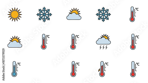 Weather forecast icons set featuring sun, clouds, snowflakes, rain, and thermometer with Celsius scale measurements.