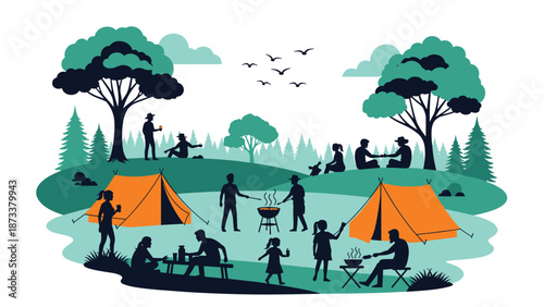 People camping in a forest park with orange tents, barbecue grill, trees, and outdoor leisure activities in teal tones.