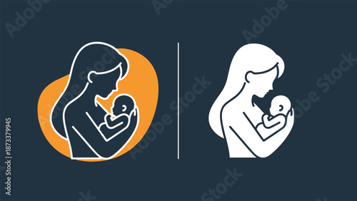 Breastfeeding mother and infant icon in two styles showing a silhouette profile on dark and orange backgrounds.