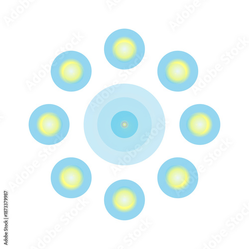 Minimalist abstract vector illustration of glowing blue and yellow circles in a radial pattern