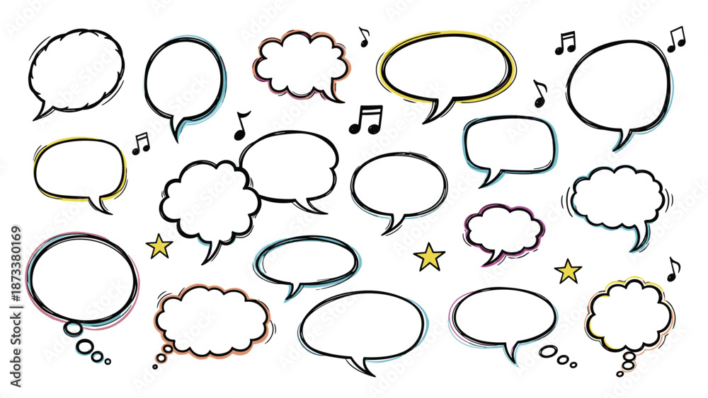 Fototapeta premium Colorful collection of hand drawn speech bubbles, thought clouds, and musical notes in a whimsical doodle style.