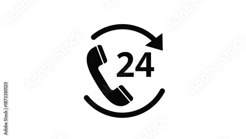 24-hour customer support icon with telephone handset and circular arrow representing around-the-clock service.