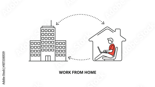 Work from home concept showing a professional at home with a laptop communicating with a corporate office building.