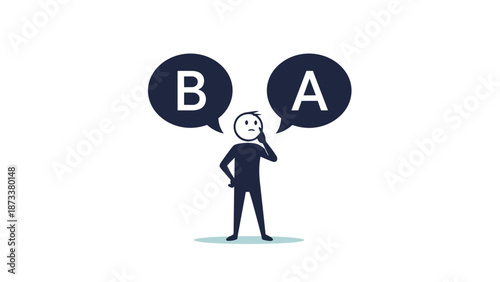 Person weighing choices A and B with thought bubbles above their head in a clean corporate illustration style.