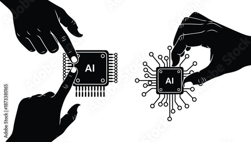 Hands interacting with ai chips representing artificial intelligence and technology