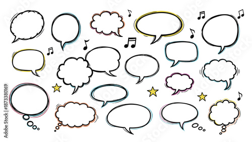 Colorful collection of hand drawn speech bubbles, thought clouds, and musical notes in a whimsical doodle style.