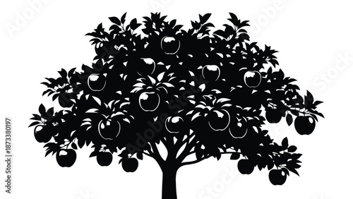 Large black silhouette of a healthy apple tree is shown with a full canopy of leaves and many ripe apples hanging from its sturdy branches.