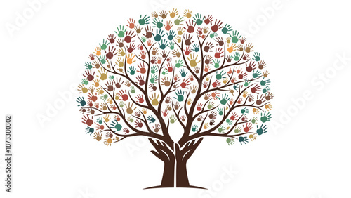 Colorful tree illustration formed by multiple handprints and branches growing from two supportive hands on a white background.