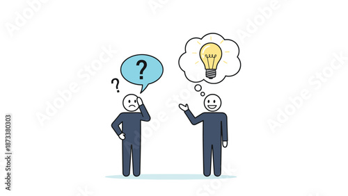 Comparative stick figure illustration shows one person confused with a question mark and another person having a bright idea.