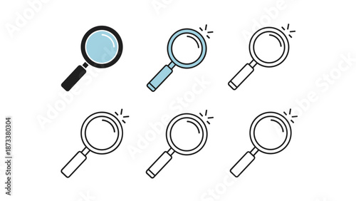 Set of magnifying glass icons in different styles and colors for search, research, zoom, and discovery functionalities in web design.