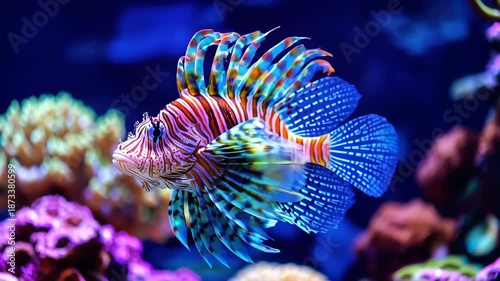 Colorful lion fish swimming gracefully among coral reefs in the Maldives, Colorful Lion Fish in coral reef, Maldivian diving, indian ocean wildlife