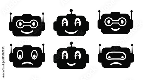 Six black robot icons with varying facial expressions displayed in a grid
