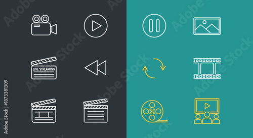 Video Production Icons for Filmmaking, Live Streaming, and Digital Media Projects, Perfect for Technology, Entertainment, and Corporate Communications, Representing Modern Design,.