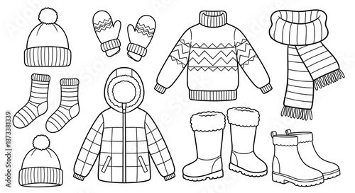 Winter Clothes Illustrations for Coloring and Creative Projects: Collection of hats, scarves, sweaters, boots, and more provides a fun activity and design element for seasonal them.