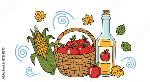 Autumn Harvest Bounty Still Life Illustration Featuring Fresh Corn, Apples in a Wicker Basket, and Apple Cider Bottle Creates a Traditional Thanksgiving Festive Season Design, Food.