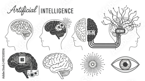 Artificial intelligence depicted with brain illustrations and technological components