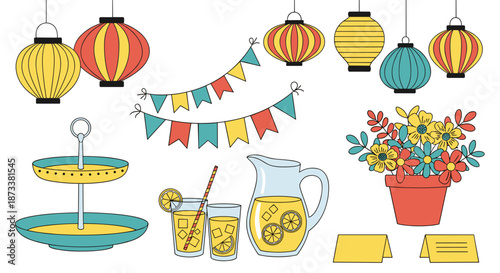 Elegant party decorations create a festive celebration with bright lanterns, bunting banners, refreshments, floral arrangements, and place cards for welcoming guests, perfect for e.