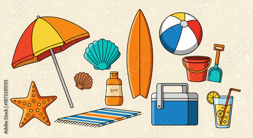 Summer Beach Vacation Collection Featuring Colorful Umbrella, Surfboard, Seashells, and Refreshing Drink Offers a Relaxing Getaway Experience Perfect for Leisure, Travel, and Recre.