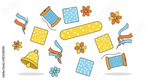 Charming Crafting Supplies Scatter: Sewing notions and accessories in a playful arrangement, ideal for craft projects, creative designs, invitations, and artistic backgrounds showc.