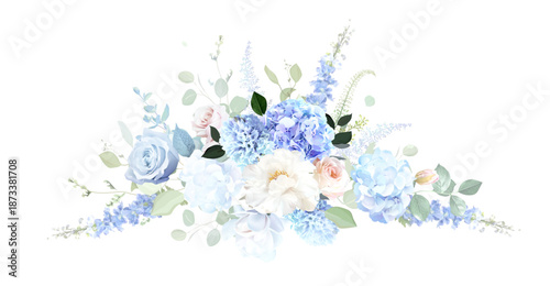 Bridgerton inspired pastel floral vector design bouquet. Blue delphinium, white peony, hyacinth, magnolia, pink rose, hydrangea, greenery and plants. All flowers and branches are isolated and movable.