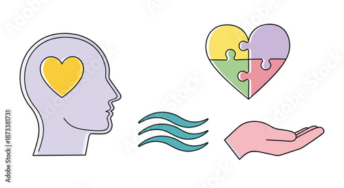 Mental health conceptual illustration representing emotional intelligence and wellbeing with a head containing a heart, puzzle pieces forming a heart, and a hand for support, empha.