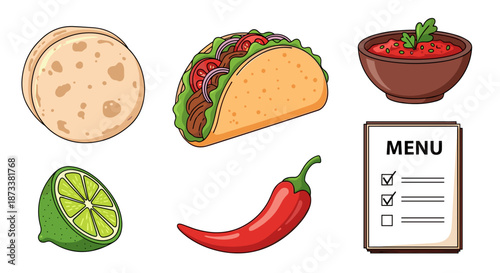 Delicious Mexican Cuisine Cartoon Style: Taco, Tortilla, Salsa, Lime, Chili Pepper and Menu illustration represents a vibrant culinary tradition, perfect for restaurant promotion,.