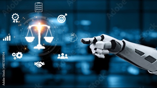 Картината върху платно A robotic hand points at digital icons of justice scales, symbolizing the intersection of technology, law, and ethics in a contemporary business environment