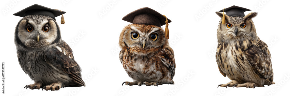 Obraz premium Set of A realistic owl wearing a graduation cap standing upright with folded wings on transparent png background. Ai generated