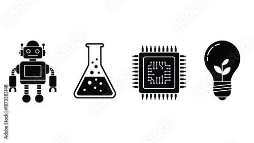 Science technology engineering and innovation represented by iconic black and white icons