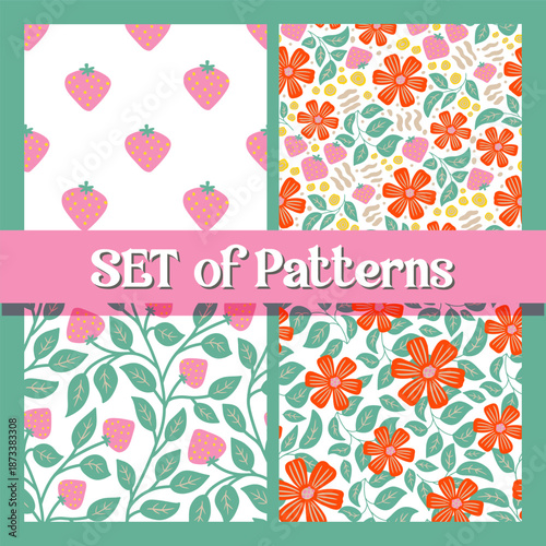 Soft Delicate Seamless Botanical and Strawberry Pattern Set with Gentle Natural Elements
