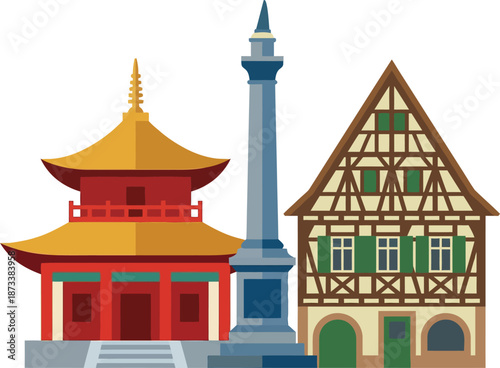World architectural landmarks featuring asian red pagoda and blue obelisk monument near european half-timbered house for international travel tourism and global cultural history symbol.