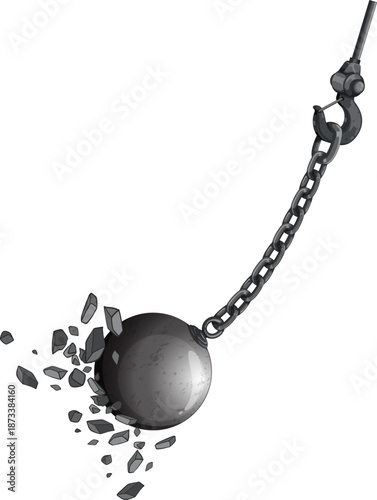 A breaking wrecking ball with a disintegrating sphere and attached metal chain