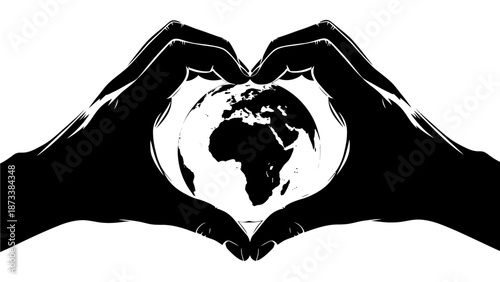 Hands forming a heart shape around the planet Earth, symbolizing global love and care for the environment, a concept of unity and peace