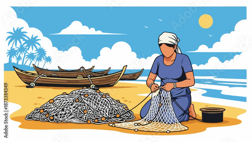 Fisherwoman mending fishing net on tropical beach with boats and palm trees. An illustration of coastal life and traditional livelihood