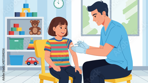 Doctor administering vaccine to a young girl in a brightly decorated clinic room with toys