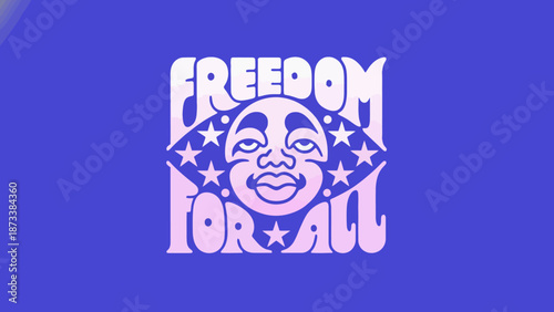 Freedom For All A Graphic Design Emblem Featuring a Stylized Face Surrounded by Stars on a Blue Background