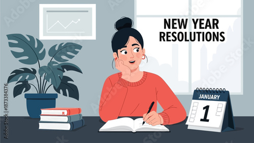 Woman at desk writing down New Year resolutions in a journal with a calendar showing January 1st