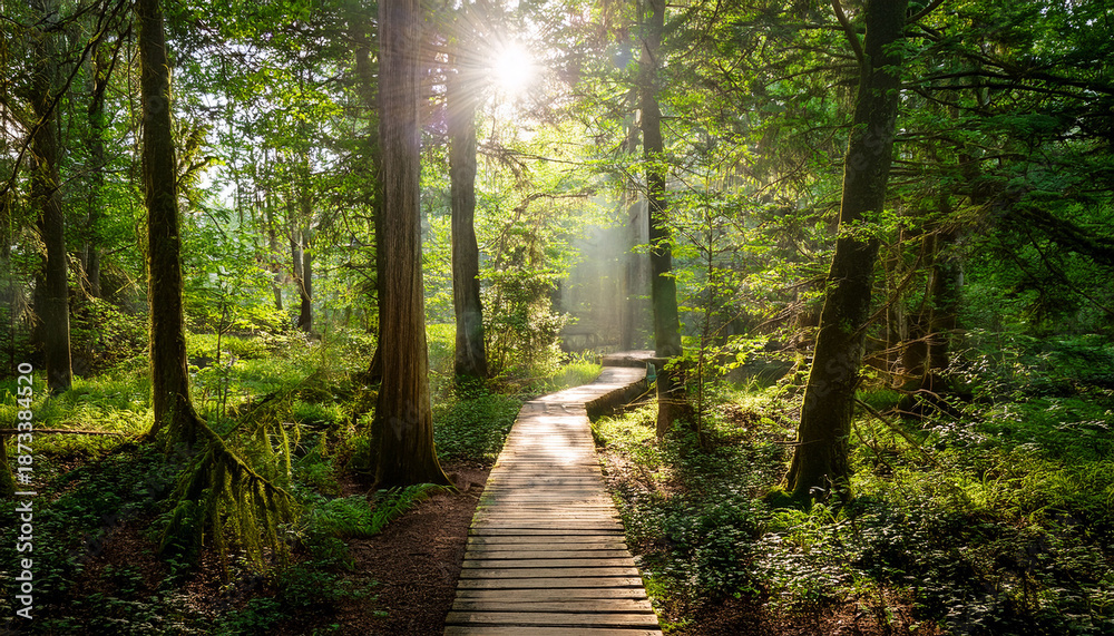 Obraz premium Sunlight Streams Through Trees Onto A Wooden Path In A Lush Green Forest