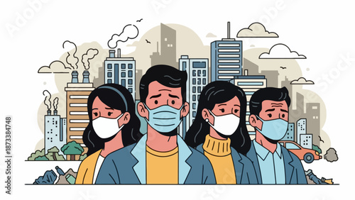 Diverse urban residents wearing protective face masks in a smoggy city environment, symbolizing public health concerns and environmental impact of air pollution