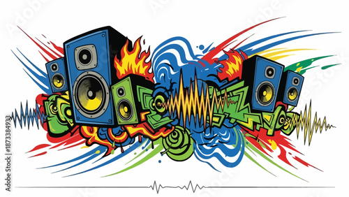 Dynamic Sound Wave Graffiti Art with Speakers and Abstract Explosions of Color