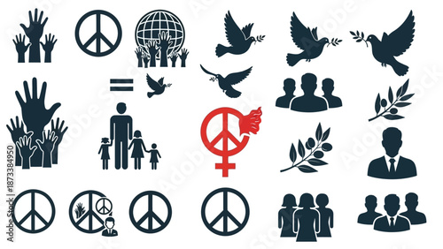 Diverse Symbols Representing Peace, Unity, Equality, and Global Cooperation in a Modern Artistic Style