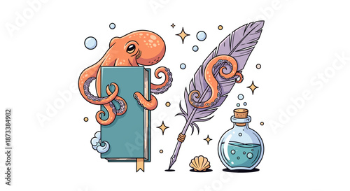 Whimsical Octopus Reading Book with Feather Quill and Potion Bottle Illustration offers a charming scene of fantasy storytelling and creative imagination in a playful, vibrant desi.