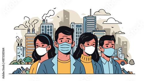 Urban residents wear protective face masks in a polluted city, symbolizing environmental challenges, poor air quality, and health concerns in metropolitan areas