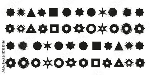 Circle sticker set. Wavy edge promo black badges. Star burst shape tags for price. vector modern