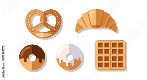 Pastries Flat Vector Illustration: A delectable array of sweet treats including pretzel, croissant, donuts, and waffle, perfect for menus, bakery ads, coffee shop designs, and tast.