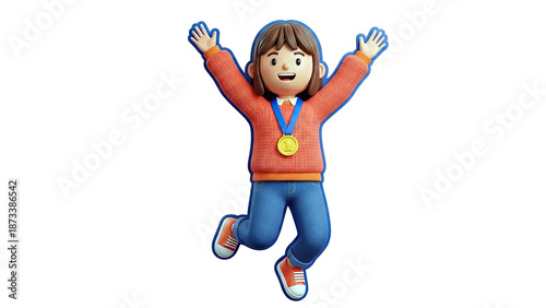 3D Character Celebrating with First Place Medal